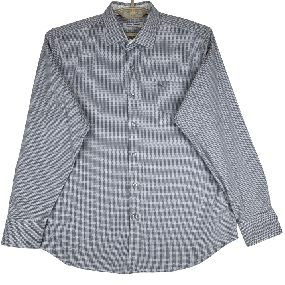Tommy Bahama Sarasota Stretch Shirt Mens L Gray Geometric Coolmax Long Sleeve